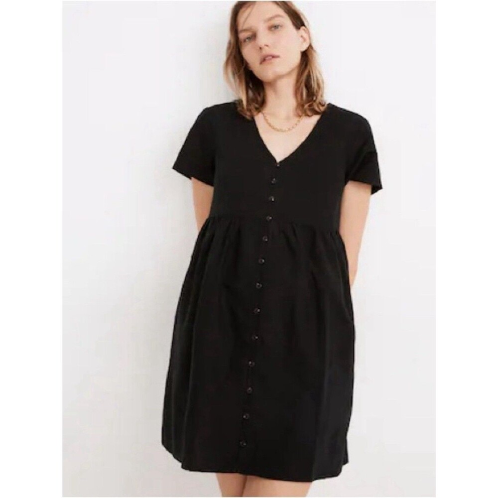 Madewell Linen-Blend Alexandra Button-Front Mini Dress Black Size XS